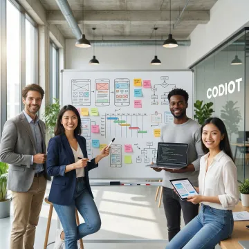 Web development team reviewing project workflow and design prototypes on a whiteboard