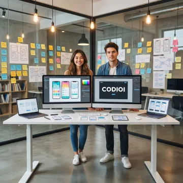 UI/UX designers collaborating on app wireframes and prototypes on large screens