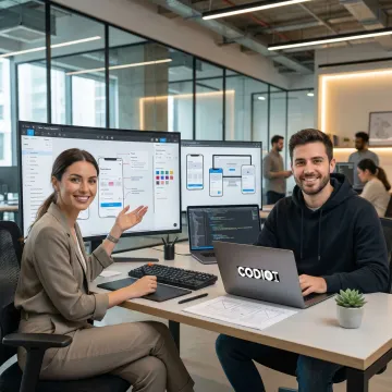Designer handing off detailed UI design specs to a developer on dual screens