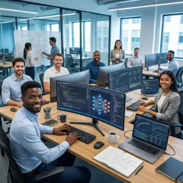 AI development team collaborating on machine learning model deployment and data pipeline setup