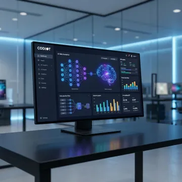 AI and data solutions dashboard with analytics visualizations and machine learning models
