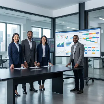 Enterprise IT consulting team reviewing digital transformation strategy on large monitors in a modern office