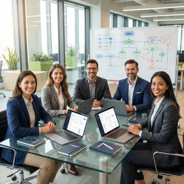 IT consultants collaborating on an enterprise solution implementation process using digital workflow tools