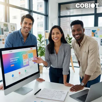 Professional web design team collaborating on a modern website project