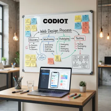 Web design process steps shown on a whiteboard with sticky notes and digital tools