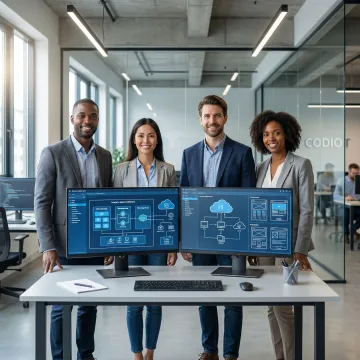 Enterprise app development team collaborating on complex software architecture