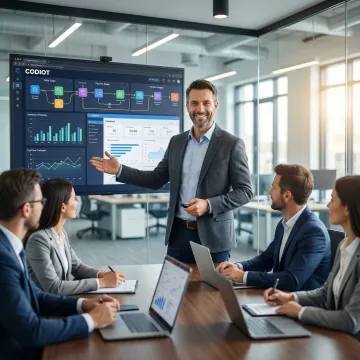 BI consultant presenting a data pipeline and dashboard workflow to a business team