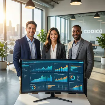 Business intelligence consultants analyzing data dashboards in a Los Angeles office