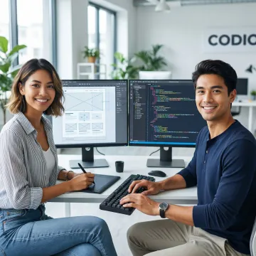 Professional web designer and developer collaborating on a modern website project