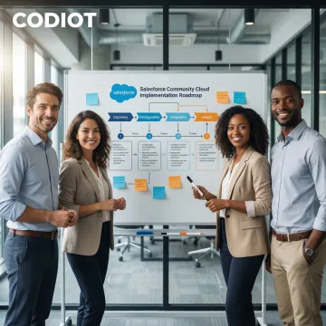 Salesforce Community Cloud implementation process steps shown on a project roadmap