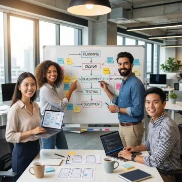 Web development process workflow showing design, coding, and testing stages on a whiteboard