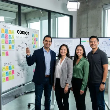 Software development team reviewing B2B portal development process on whiteboards and screens