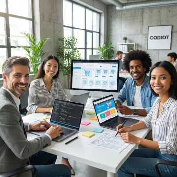 Ecommerce development team collaborating on website design and build process