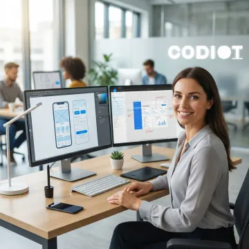 UI/UX designer working on web and mobile product design wireframes on a large screen