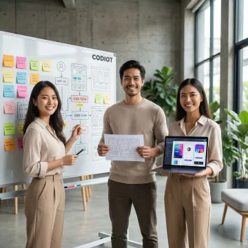 Design team collaborating on a product design process using digital tools and sticky notes