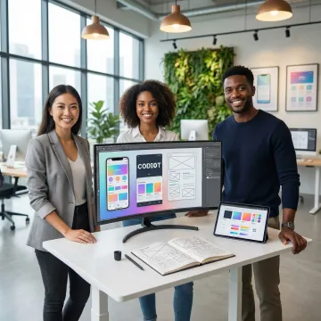 Digital product design team collaborating on UI/UX wireframes and prototypes on large screens
