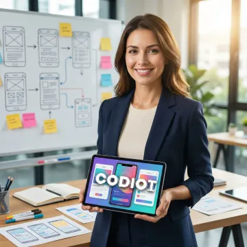 Designer reviewing high-fidelity UI prototype on tablet during a product design process