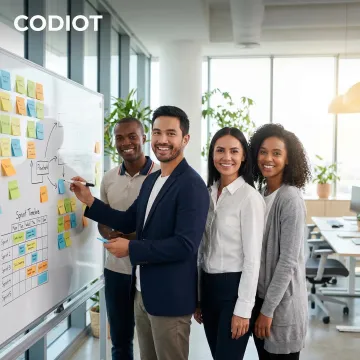 Digital consulting team working through a structured design and development process on whiteboards and laptops