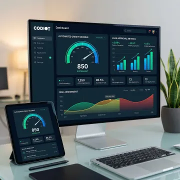 AI-powered consumer lending credit decision dashboard on a computer screen