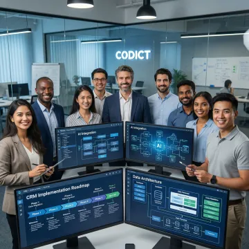 Software development team collaborating on CRM implementation and AI integration process