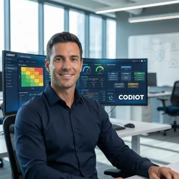 Cybersecurity GRC professional reviewing compliance dashboard on multiple screens