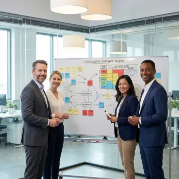 Team of GRC consultants collaborating on a compliance roadmap whiteboard session