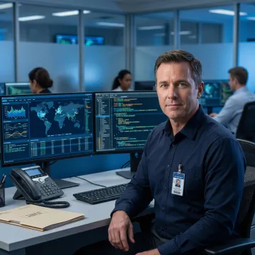 Federal cybersecurity expert reviewing encrypted government data on secure workstation