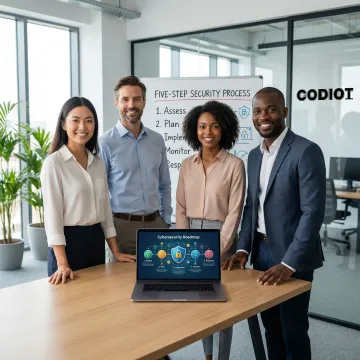 Step-by-step cybersecurity process being reviewed by a small business team