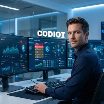 Cybersecurity professional monitoring a dashboard protecting a small business network