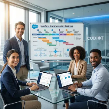 Salesforce implementation team reviewing a project roadmap and configuration workflow on a whiteboard