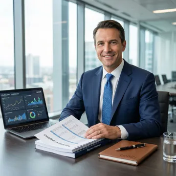 Financial compliance consultant reviewing SEBI regulatory documents at a professional office desk