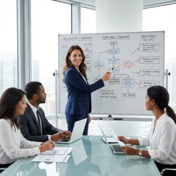 Compliance expert presenting SEBI regulatory framework on a whiteboard to a financial team