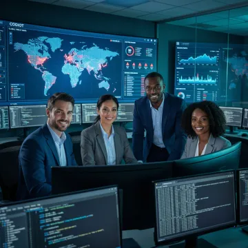 Enterprise security team analyzing cybersecurity threat data on large digital displays