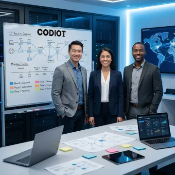 Cybersecurity team collaborating on a structured security implementation process