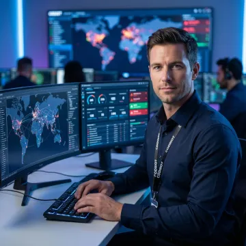Cybersecurity professional monitoring threat detection dashboards in a secure operations center