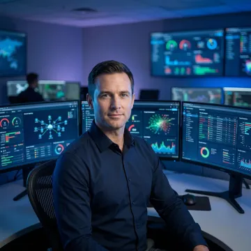 Enterprise cybersecurity professional monitoring threat dashboard in a secure operations center