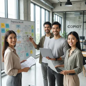 Software development team reviewing PWA project stages on a whiteboard