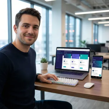 Developer building a progressive web app on laptop and mobile screen side by side