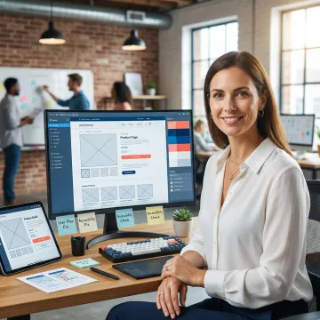 eCommerce UX designer reviewing wireframes and product page layouts on a large monitor