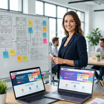 Web designer reviewing wireframes and prototypes on a whiteboard during website redesign process