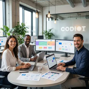 Professional website redesign process with designers reviewing modern UI layouts on screens