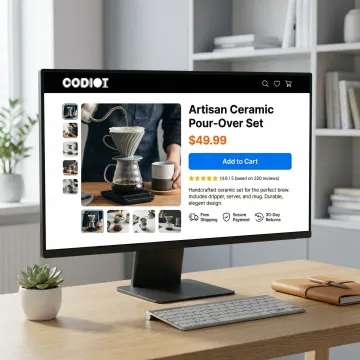 Ecommerce website product page displayed on desktop with shopping cart and checkout flow