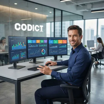 Analytics consultant reviewing data dashboards and charts on multiple screens in a modern office.