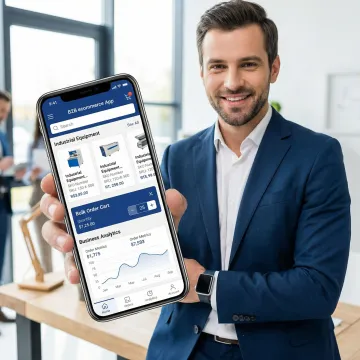 B2B ecommerce mobile app interface showing product catalog and order management on a smartphone