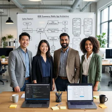 Development team collaborating on a B2B mobile app project using whiteboards and laptops