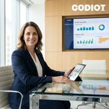 Healthcare executive reviewing analytics dashboard showing patient outcomes and financial performance metrics