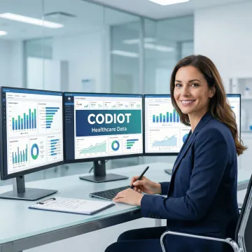 Healthcare data analyst reviewing BI dashboards on multiple screens in a modern medical office