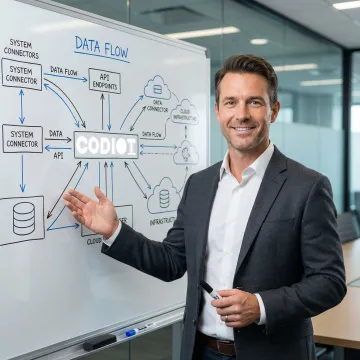 Data integration consultant mapping system architecture and data flow diagrams on a whiteboard
