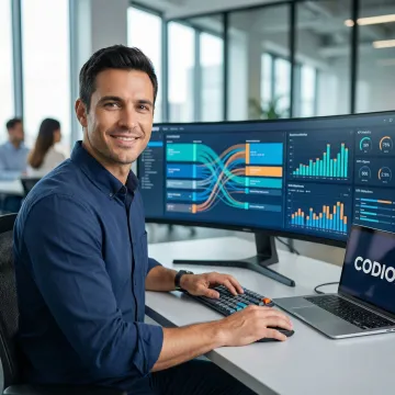 Data integration consultant reviewing data pipeline architecture on multiple monitors