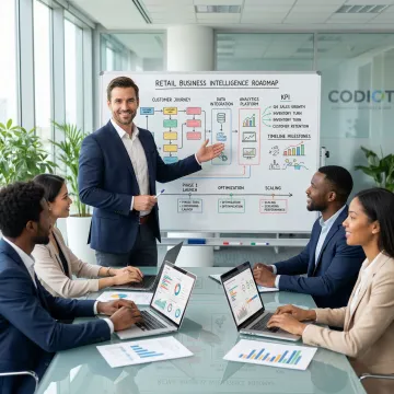 Retail BI consultant walking through a data strategy roadmap with a retail business team in a conference room
